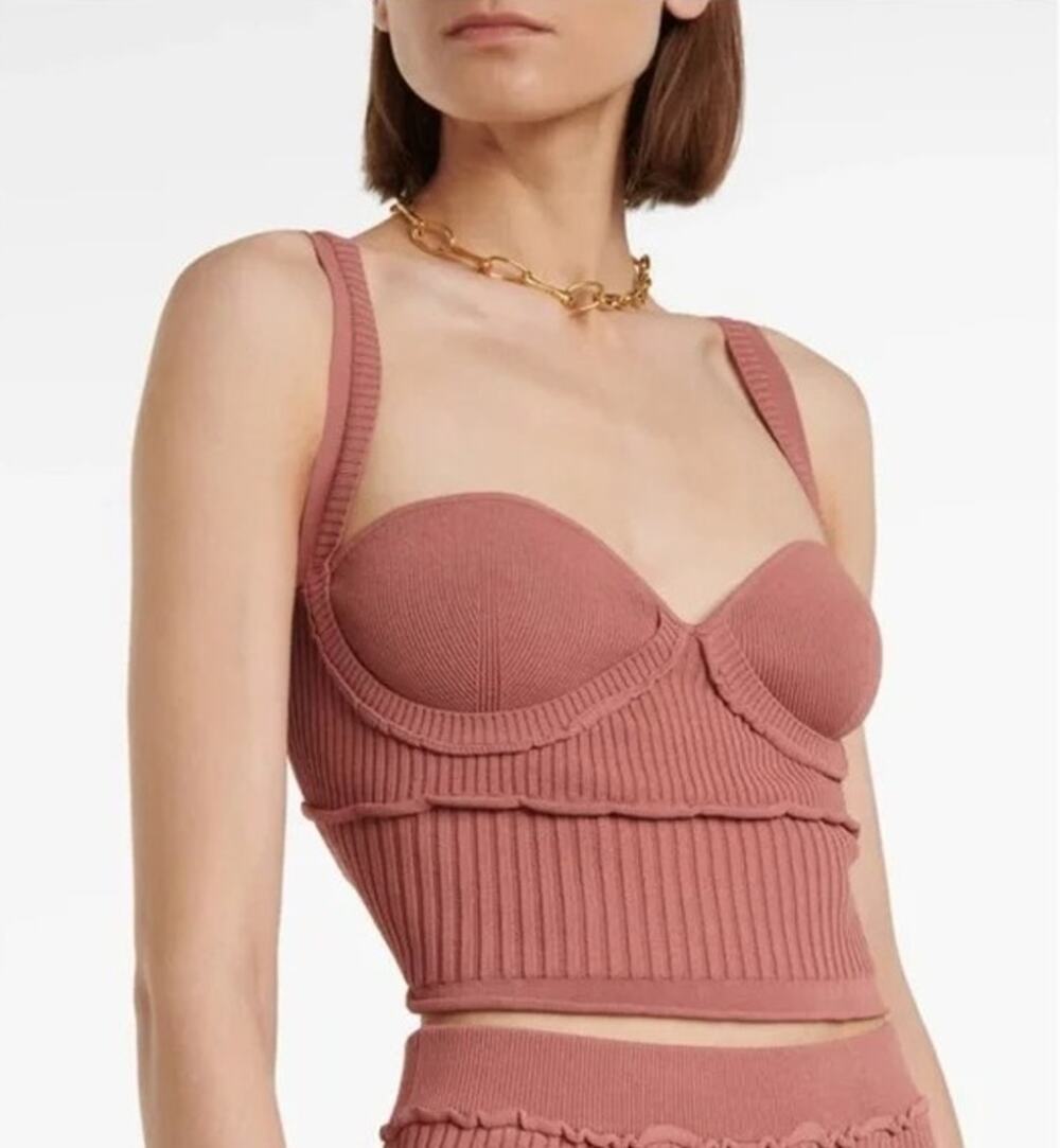 ALTUZZARA Piper Ribbed-Knit Bustier Crop Top Mauve Pink | Large